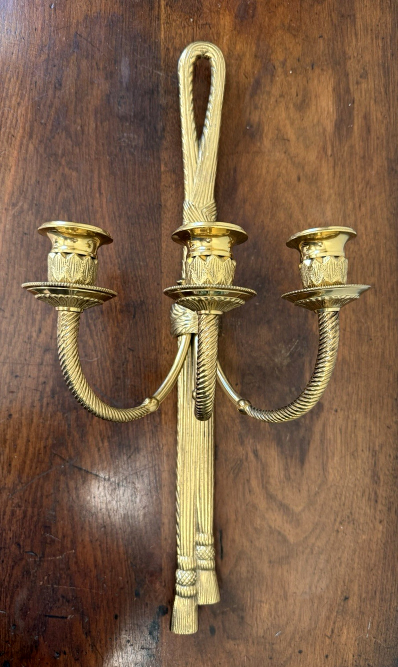 Vintage Lacquered Brass 3 Arm Wall Candle Sconce Rope Tassel India 20"